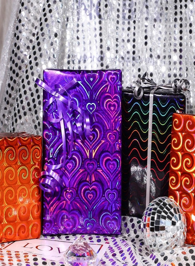 LeZakaa Holographic Halloween Wrapping Paper Roll, Purple Heart/Orange Spiricle/Black Wavy Stripe Spooky Design for Valentines, Nightmare Before Christmas, Birthday, Holiday, 17 x 120 inches, 3 Rolls - Image 5